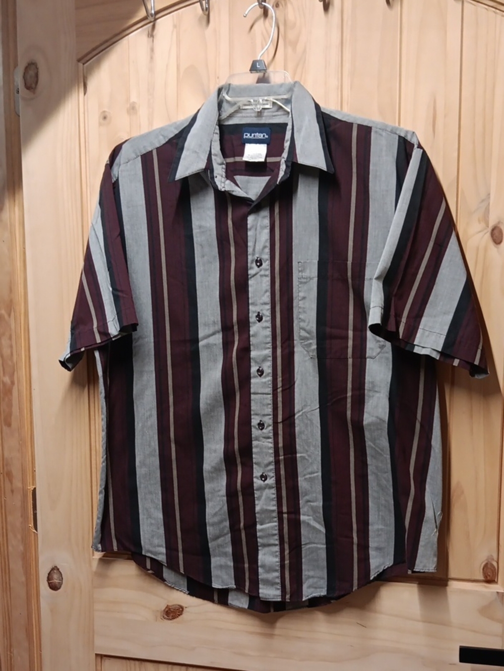 Puritan Men’s Short-Sleeve Vertical Stripe Shirt in Maroon & Gray EUC